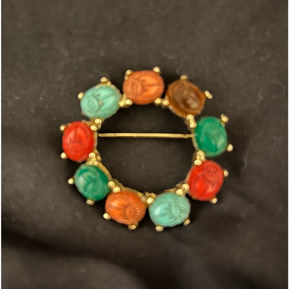 Multi color scarab carved beetle broach